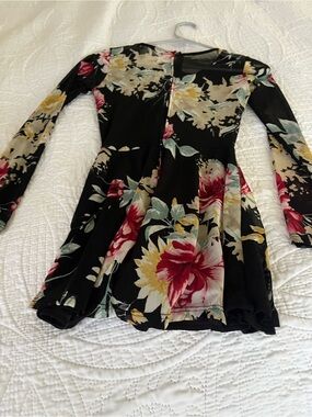 Fashion Nova Black Floral Long-Sleeve Romper - Red, Yellow, Green